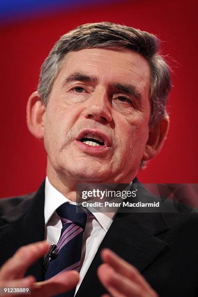 Prime Minister Gordon Brown speaks to the Labour Party Conference on September 29, 2009 in Brighton, England. Gordon Brown's speech to delegates is...