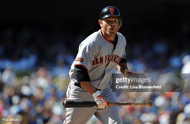 Freddy Sanchez of the San Francisco Giants reacts during the game against the Los Angeles Dodgers at Dodger Stadium on September 20, 2009 in Los...