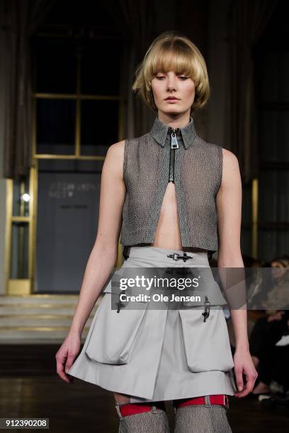 Model walks the runway wearing an outfit by designer Kara Kurani from Denmark at Designer's Nest award show for young designers during Copenhagen...