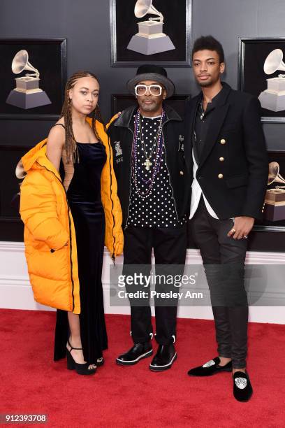 Satchel Lee, Spike Lee and Jackson Lee attends the 60th Annual GRAMMY Awards - Arrivals at Madison Square Garden on January 28, 2018 in New York City.