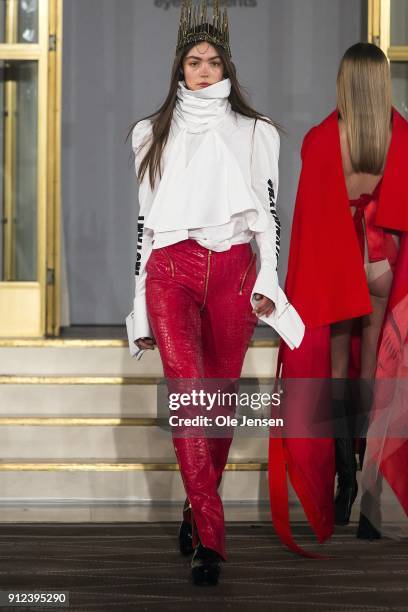 Model walks the runway wearing an outfit by designer Kirstin Karisdottir from Iceland at Designers' Nest award show for young designers during...