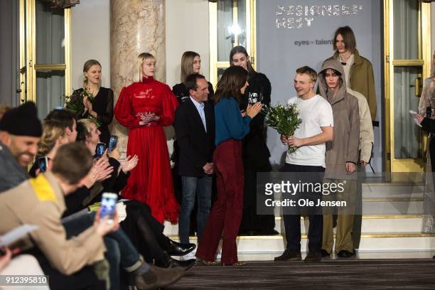 Crown Princess Mary of Denmark presents first prize to designer Axel Enqvist from Norway at Designers' Nest award show during Copenhagen Fashion Week...