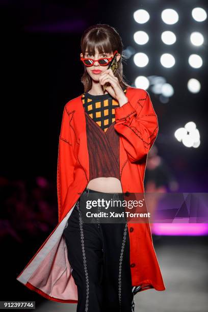 Model walks the runway at the Krizia Robustella show during the Barcelona 080 Fashion Week on January 30, 2018 in Barcelona, Spain.