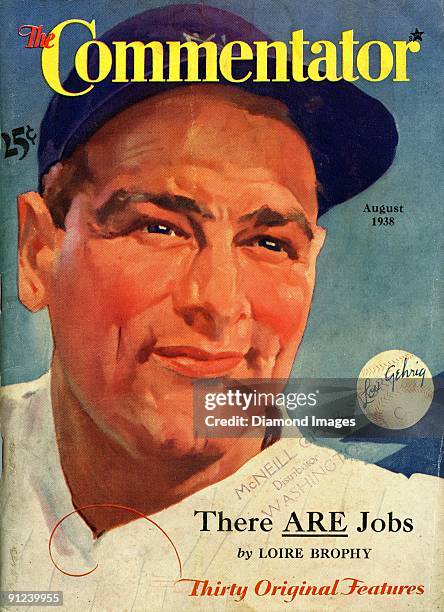 The cover for the magazine The Commentator features a watercolor portrait of Lou Gehrig of the New York Yankees in August, 1938 and published in New...
