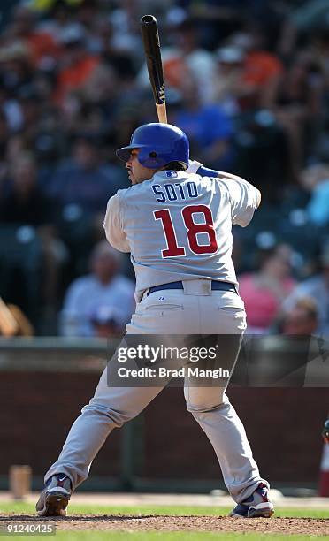 Geovany Soto of the Chicago Cubs bats against the San Francisco Giants during the game at AT&T Park on September 26, 2009 in San Francisco,...