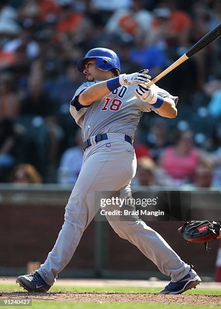 Geovany Soto of the Chicago Cubs bats against the San Francisco Giants during the game at AT&T Park on September 26, 2009 in San Francisco,...