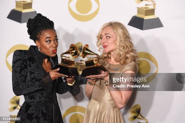 Kristolyn Lloyd and Rachel Bay Jones attend 60th Annual GRAMMY Awards - Press Room at Madison Square Garden on January 28, 2018 in New York City.