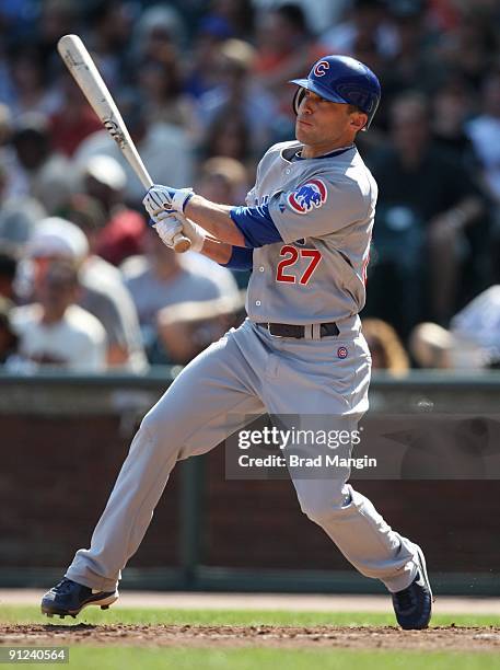 Sam Fuld of the Chicago Cubs bats against the San Francisco Giants during the game at AT&T Park on September 26, 2009 in San Francisco, California.