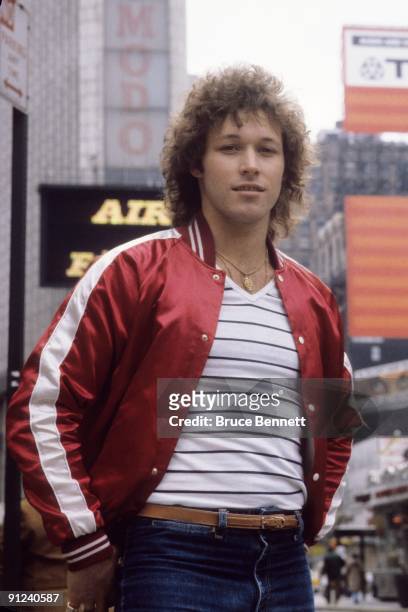 Canadian hockey player Ron Duguay of the New York Rangers poses for a portrait on the streets on New York City in March of 1980 in New York, New York.