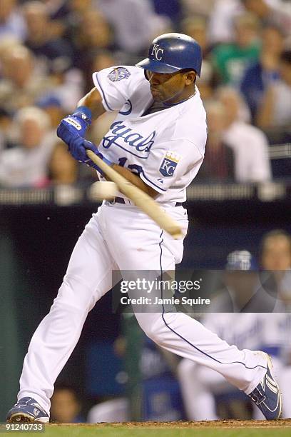 Alberto Callaspo of the Kansas City Royals swings at the pitch during the game against the Boston Red Sox on September 24, 2009 at Kauffman Stadium...