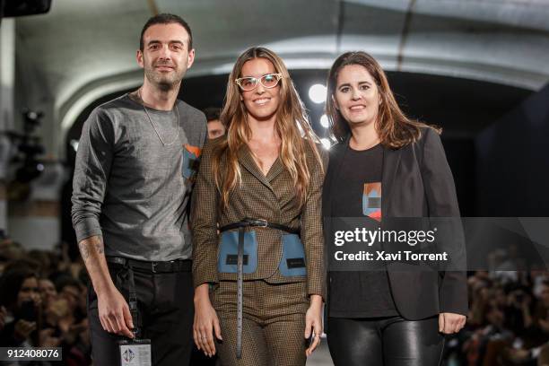 Albert Vilagrasa, Ona Carbonell and Andrea Arquero poses at the ending of the Antonio Miro show during the Barcelona 080 Fashion Week on January 30,...
