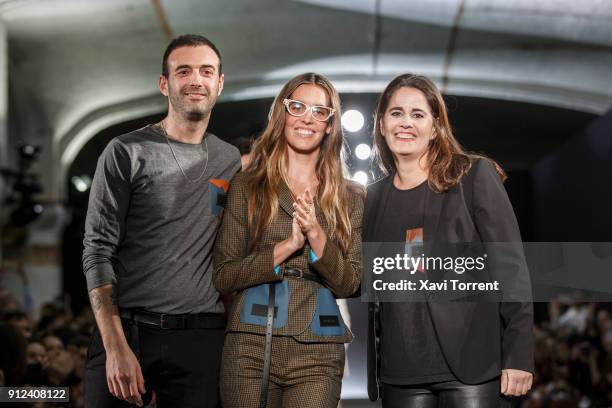 Albert Vilagrasa, Ona Carbonell and Andrea Arquero poses at the ending of the Antonio Miro show during the Barcelona 080 Fashion Week on January 30,...