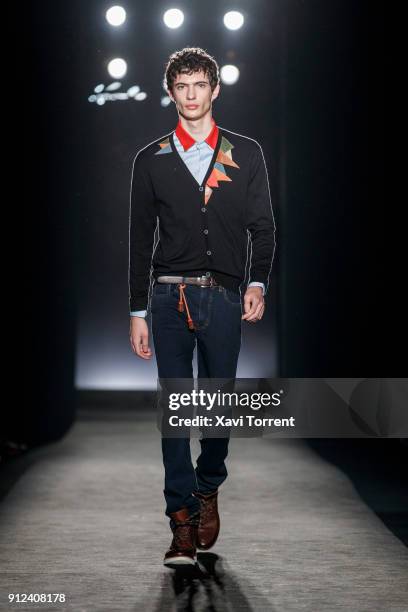 Model walks the runway at the Antonio Miro show during the Barcelona 080 Fashion Week on January 30, 2018 in Barcelona, Spain.