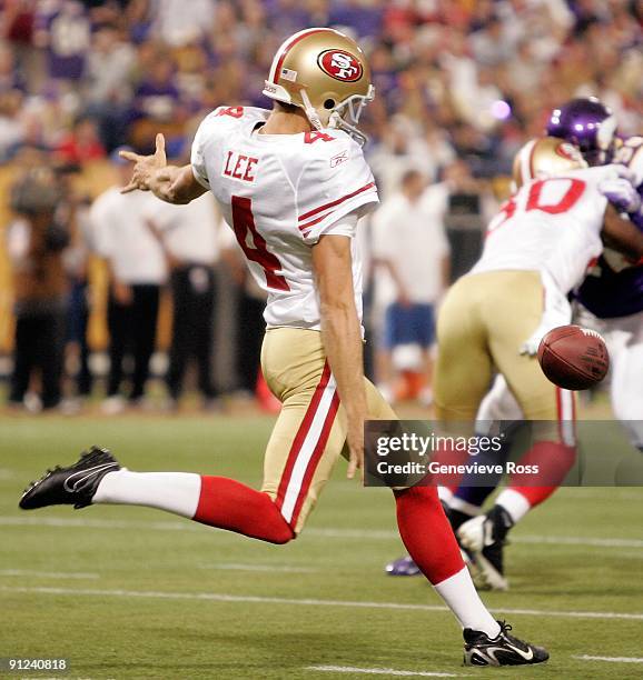 Kicker Andy Lee of the San Francisco 49ers punts the football during the game against the Minnesota Vikings at Hubert H. Humphrey Metrodome on...