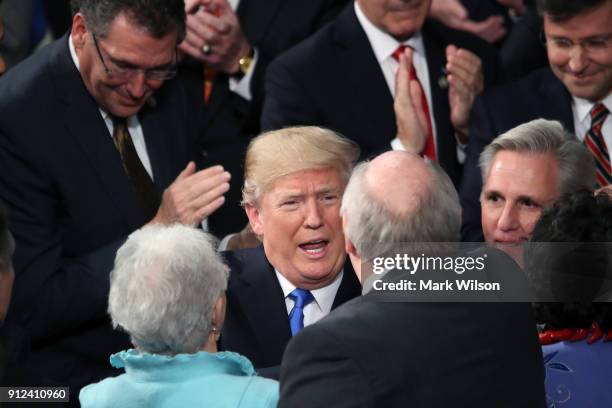 President Donald J. Trump arrives for the State of the Union address in the chamber of the U.S. House of Representatives January 30, 2018 in...