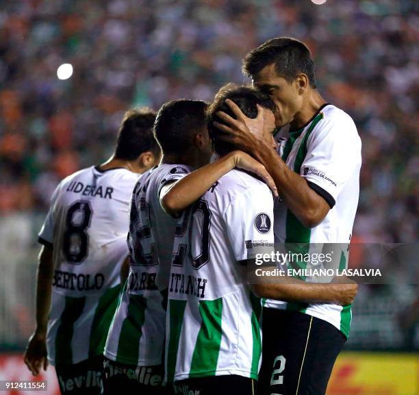 Argentina's Banfield Dario Cvitanich celebrates after scoring against Ecuador's Independiente del Valle during the Copa Libertadores match, at...