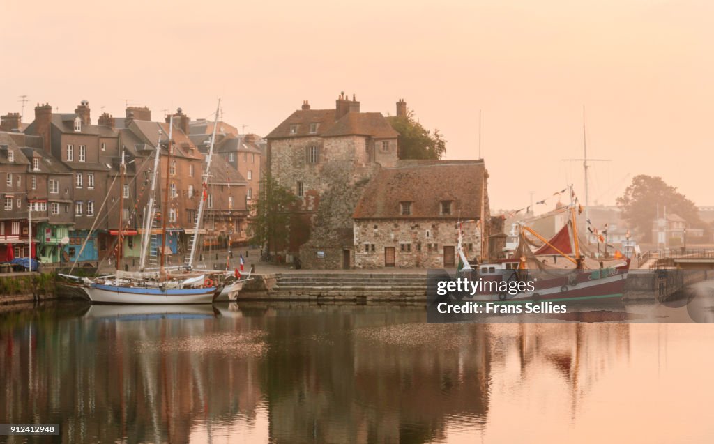 Early morning in the old picturesque port of Honfleur, France