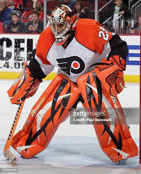 Goaltender Ray Emery of the Philadelphia Flyers in action against the New Jersey Devils on September 26, 2009 at the Prudential Center in Newark, New...