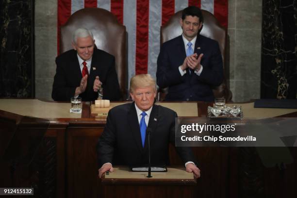 President Donald J. Trump delivers the State of the Union address as U.S. Vice President Mike Pence and Speaker of the House U.S. Rep. Paul Ryan look...