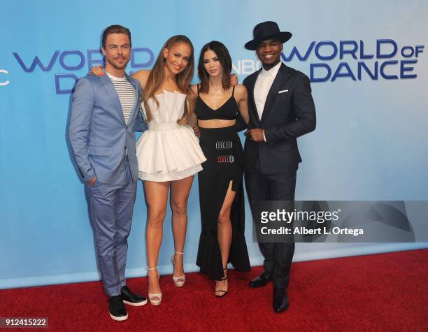 Derek Hough, Jennifer Lopez, Jenna Dewan Tatum and Ne-Yo attend the photo op for NBC's "World Of Dance" held at NBC Universal Lot on January 30, 2018...