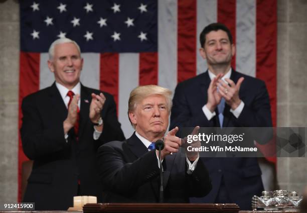 President Donald J. Trump delivers the State of the Union address as U.S. Vice President Mike Pence and Speaker of the House U.S. Rep. Paul Ryan look...