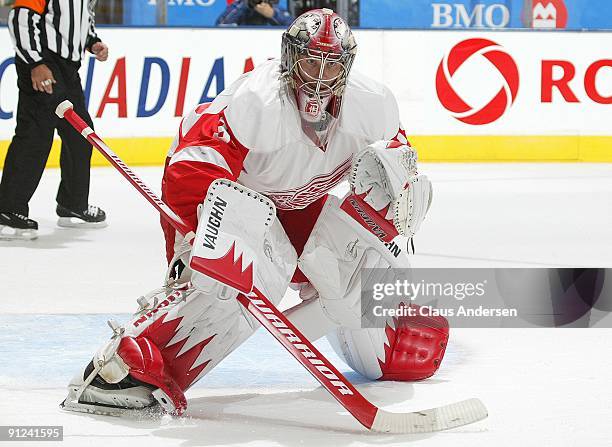 Jimmy Howard of the Detroit Red Wings watches the play in a pre-season game against the Toronto Maple Leafs on September 26, 2009 at the Air Canada...