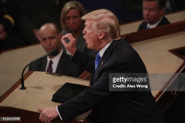 President Donald J. Trump delivers the State of the Union address in the chamber of the U.S. House of Representatives January 30, 2018 in Washington,...
