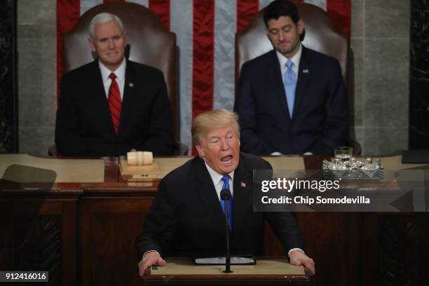 President Donald J. Trump delivers the State of the Union address as U.S. Vice President Mike Pence and Speaker of the House U.S. Rep. Paul Ryan look...