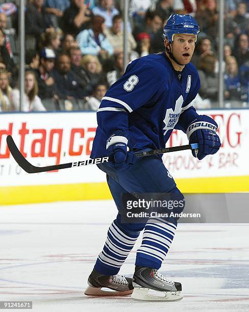 Mike Komisarek of the Toronto Maple Leafs skates in a pre-season game against the Detroit Red Wings on September 26, 2009 at the Air Canada Centre in...
