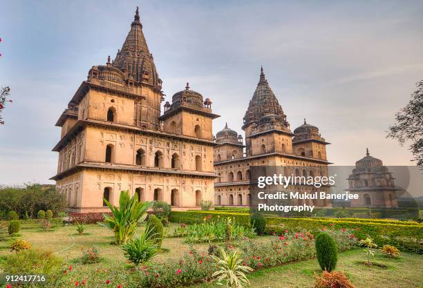 the chattris or cenotaphs in orchaa were built to honour the dead ancestors of the bundela rajas, orchha, madhya pradesh, india - orchha photos et images de collection