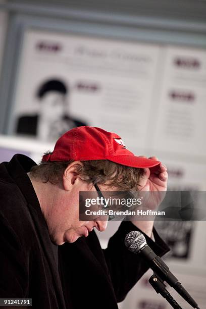 Filmmaker Michael Moore speaks at a news conference on September 29, 2009 in Washington, DC. Moore urged U.S. President Barack Obama and Congress to...