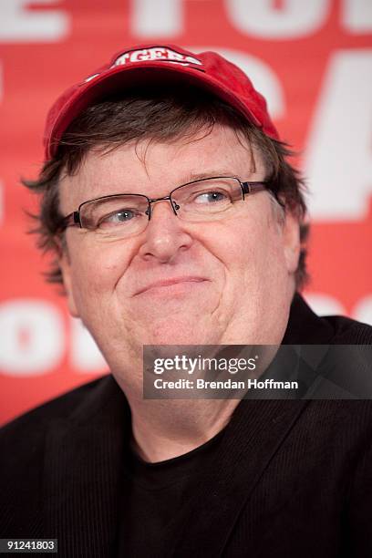 Filmmaker Michael Moore speaks at a news conference on September 29, 2009 in Washington, DC. Moore urged U.S. President Barack Obama and Congress to...