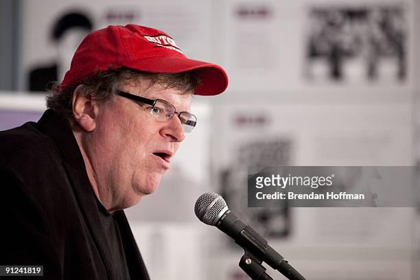 Filmmaker Michael Moore speaks at a news conference on September 29, 2009 in Washington, DC. Moore urged U.S. President Barack Obama and Congress to...