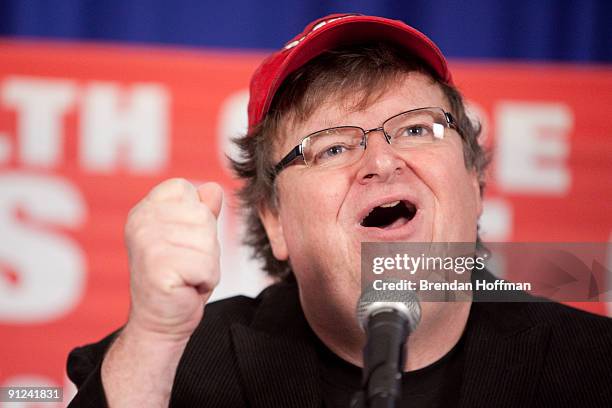 Filmmaker Michael Moore speaks at a news conference on September 29, 2009 in Washington, DC. Moore urged U.S. President Barack Obama and Congress to...