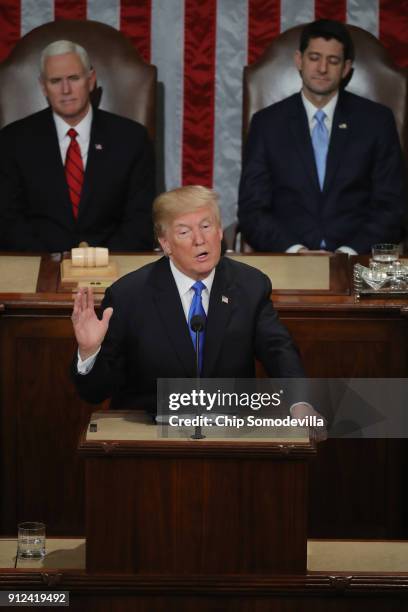 President Donald J. Trump delivers the State of the Union address as U.S. Vice President Mike Pence and Speaker of the House U.S. Rep. Paul Ryan look...