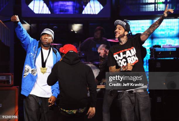 Rapper KRS-One rapper Wale and musician Travis McCoy onstage at the 2009 VH1 Hip Hop Honors at the Brooklyn Academy of Music on September 23, 2009 in...