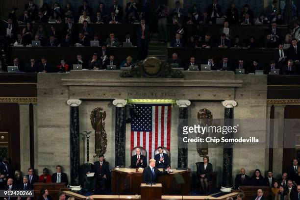President Donald J. Trump delivers the State of the Union address as U.S. Vice President Mike Pence and Speaker of the House U.S. Rep. Paul Ryan look...