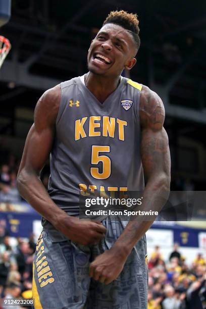 Kent State Golden Flashes forward Danny Pippen celebrates in the final seconds of the second half of the men's college basketball game between the...