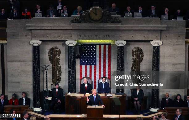 President Donald J. Trump delivers the State of the Union address as U.S. Vice President Mike Pence and Speaker of the House U.S. Rep. Paul Ryan look...