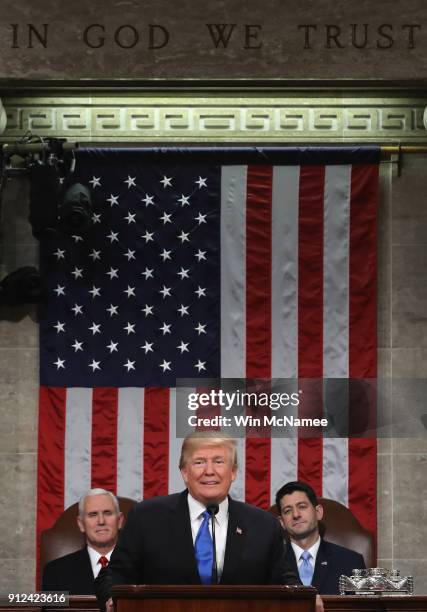 President Donald J. Trump delivers the State of the Union address as U.S. Vice President Mike Pence and Speaker of the House U.S. Rep. Paul Ryan look...