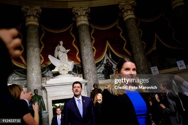 Speaker of the House Paul Ryan makes his way to the House of Representatives Chamber for President Donald Trump's first State of the Union Address...