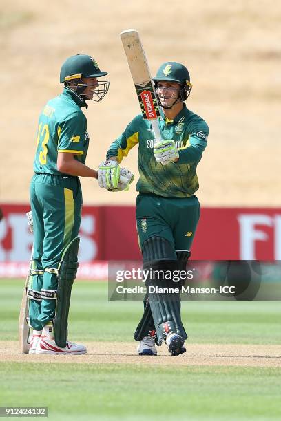 Raynard van Tonder of South Africa celebrates his half century during the ICC U19 Cricket World Cup 5th Playoff match between South Africa and...