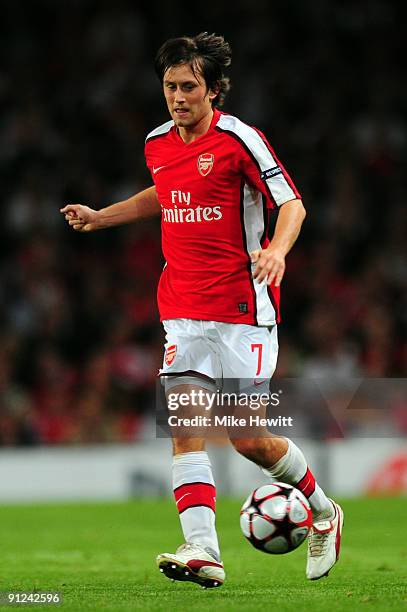 Tomas Rosicky of Arsenal in action during the UEFA Champions League Group H match between Arsenal and Olympiakos at the Emirates Stadium on September...