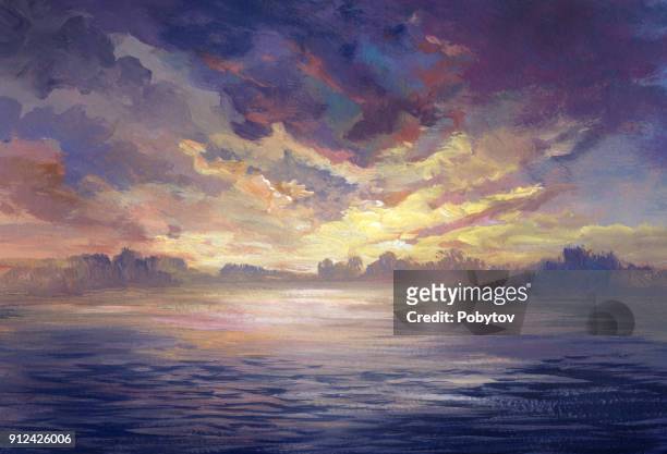 illustrazioni stock, clip art, cartoni animati e icone di tendenza di tramonto vicino all'acqua, pittura acrilica - dipinto