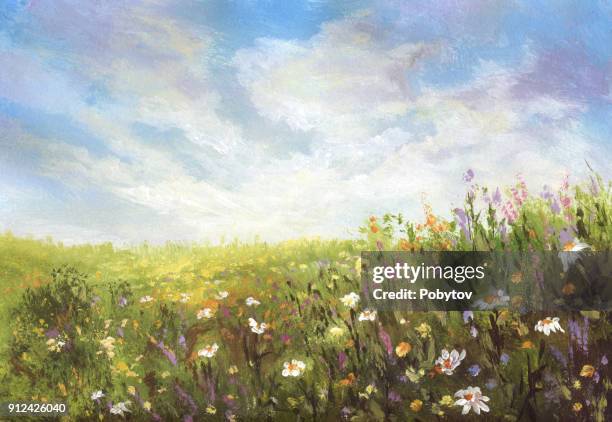 summer meadow, painting - spring pictures stock illustrations