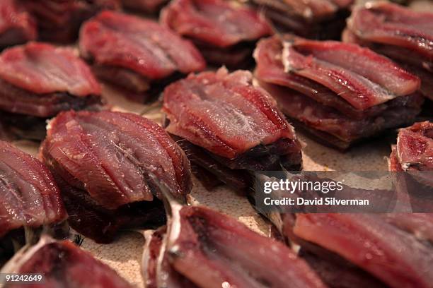 Fresh sardine fillets are displayed at the Mercado São Pedro, the St. Peter's fresh fish market, on August 5, 2009 in Niteroi in Brazil. Stating in...