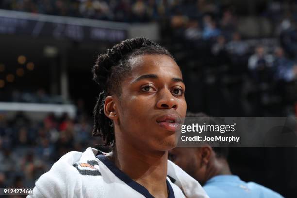 Deyonta Davis of the Memphis Grizzlies looks on during the game against the Phoenix Suns on January 29, 2018 at FedExForum in Memphis, Tennessee....