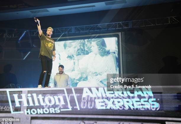 Musicians Andrew Taggart and Alex Pall of The Chainsmokers, perform at the Hilton and American Express event at the Conrad New York on January 30,...