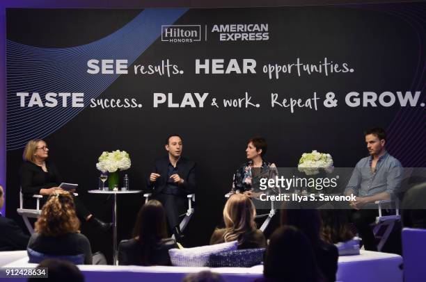 Audrey Hendley, Mark Weinstein, Susan Portnoy and Nick Brown at a launch event for the Hilton Honors American Express Business Card at the Conrad New...