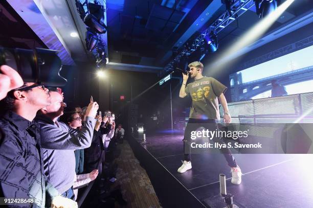 Musicians Andrew Taggart and Alex Pall of The Chainsmokers perform at the Hilton and American Express event at the Conrad New York on January 30,...